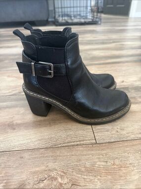 Women's Black Leather Ankle Booties with Buckle and Block Heel